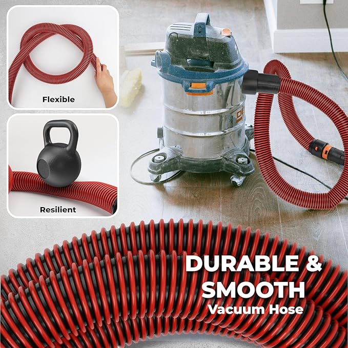 16FT Vacuum Hose Extension with 6 Adapter Attachments,Fits 1-1/4" Vacuum Cleaner Hose,Multi-Size Fittings0.9" to 1-3/4",Universal Shop Vac Accessories (Please Confirm Hose Size Compatibility)