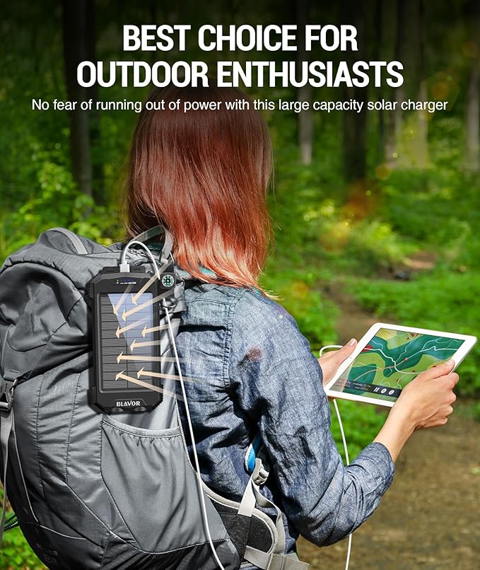 BLAVOR Solar Charger Power Bank 10,000mAh, Portable Wireless Charger, 20W Fast Charging External Battery Pack with USB C for Cell Phones, Solar Panel Charger with Dual Flashlight for Camping