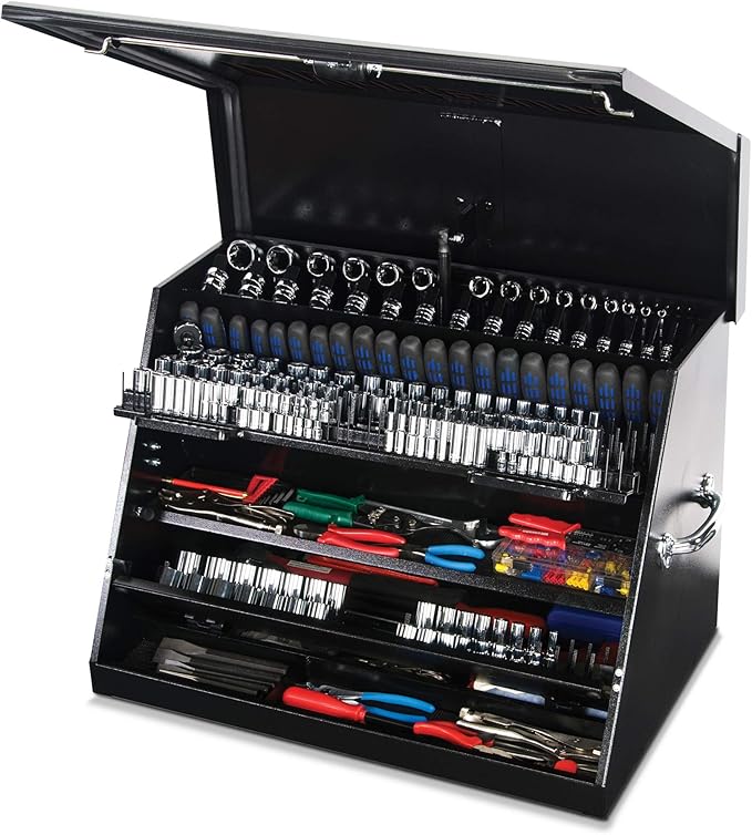 Montezuma – LA400B – 30-Inch Portable TRIANGLE Toolbox – Multi-Tier Design – 16-Gauge Construction – SAE and Metric Tool Chest – Weather-Resistant Toolbox – Lock and Latching System