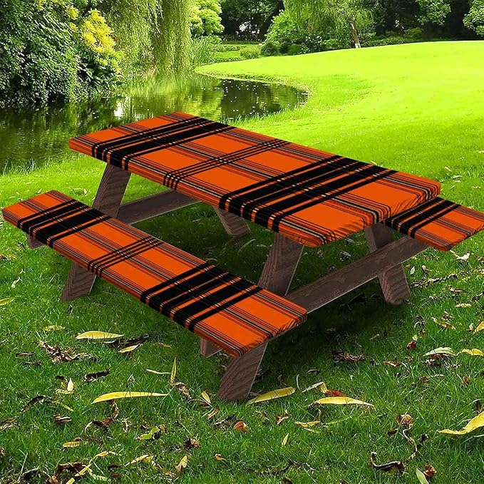 CAPSCEOLL Fitted Picnic Table Cover with Bench Covers with Elastic 6Ft Waterproof Camping Picnic Table Cover Cloths for Outdoors Camping Tablecloth with Drawstring Bag, 72X30in, Orange Plaid