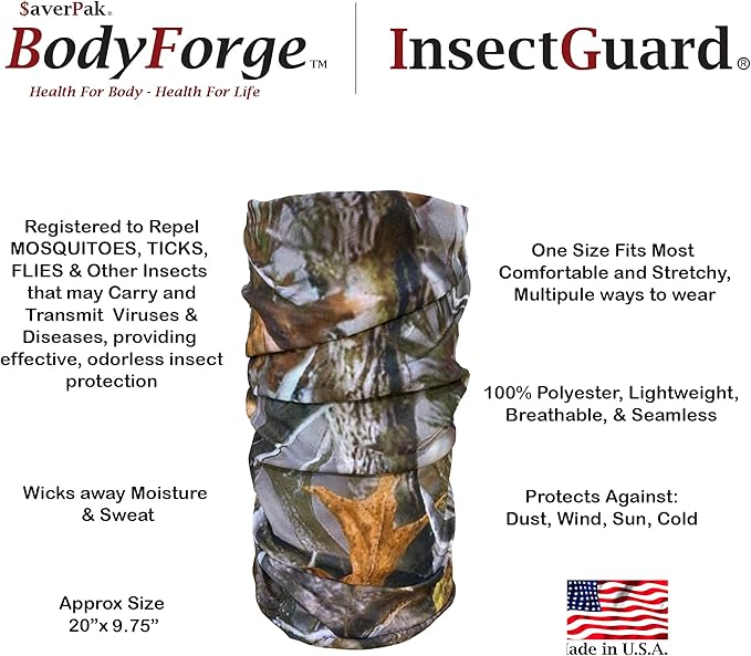 $averPak BodyForge & InsectGuard Permethrin Treated Mosquitoes, Flies, Ticks & More Insect Repellent Tube Bandanna Neck Gaiter Headband (Camouflage)