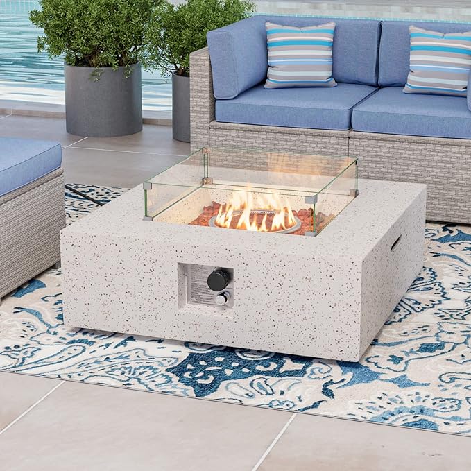 COSIEST Square Outdoor Sandstone Propane Fire Pit w Wind Guard, CSA Certified, 50,000 BTU Stainless Steel Burner, 35-inch, Free Lava Rocks and Rain Cover, Tank Outside, Metal Lid