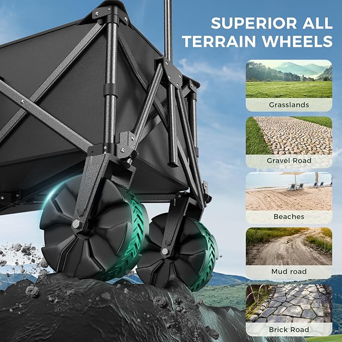 Collapsible Foldable Wagon Cart Heavy Duty,Beach Wagon with Big Wheels,Utility Grocery Wagons Carts with Side Pocket for Outdoor Garden,Camping,Shopping and Sports, Y-Black