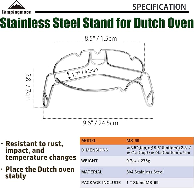 CAMPINGMOON Camping Campfire Trivet Cooking Stand Open Fire Tripod MS-69 Stainless Steel
