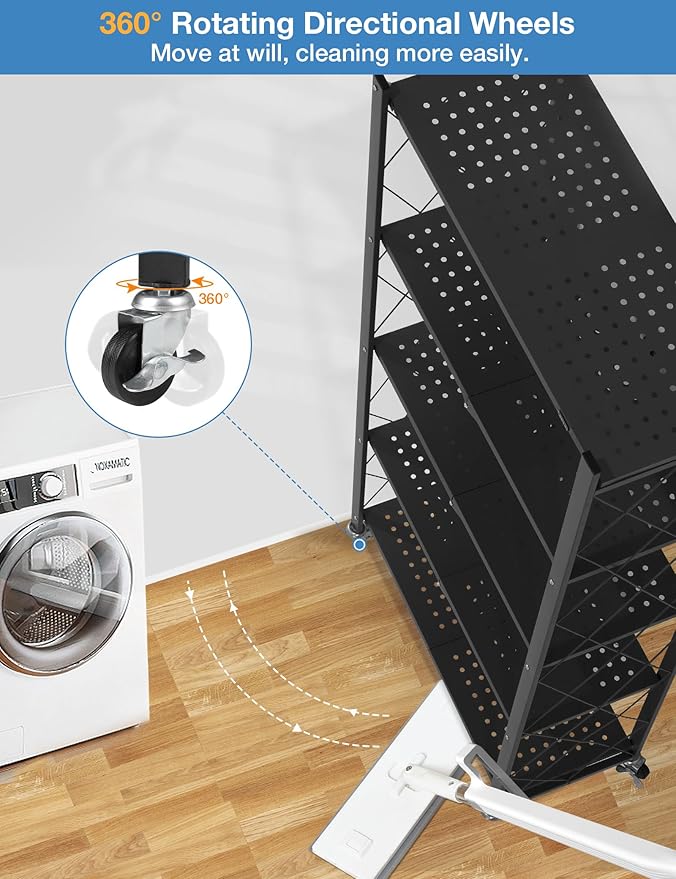 ALANNG 70.7" H Metal Storage Shelves, 5 Tier Folding Shelf on Wheels, Heavy Duty, No Assembly, Rolling, Collapsible Rack Unit for Kitchen, Basement, Pantry (Black,2 Pack)