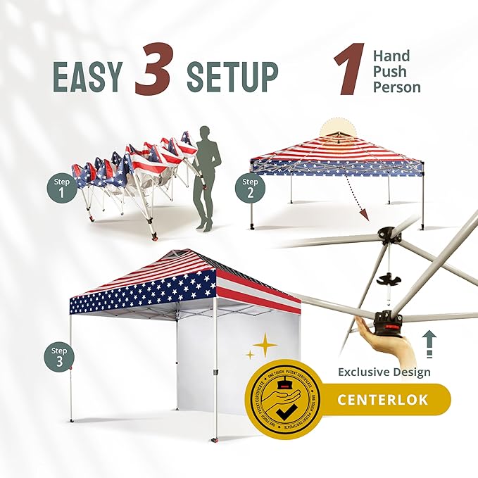 CROWN SHADES 10x10 Pop Up Canopy with 1 Side Wall - Beach Tent with One Push Setup - Outdoor Sun Shade for Events, Parties, Camping - Gazebo with STO-N-Go Cover Bag (American Flag)