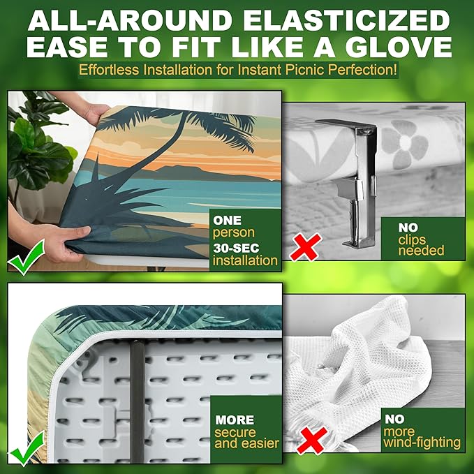 72 X 30 Inch Elastic Fitted Camping Table Cover with Bench Covers & Storage Bag, Picnic Tablecloth, Fits 6ft Picnic Tables,Washable & Reusable, Spill Resistant,Waterproof - Tropical Beach