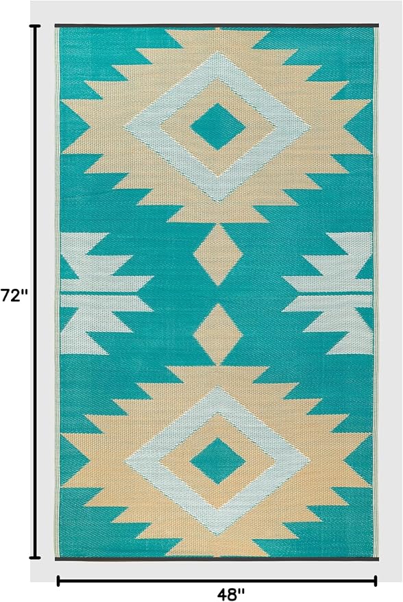 FH Home Outdoor Rug - Waterproof, Fade Resistant, Reversible - Premium Recycled Plastic - Geometric - Patio, Deck, Porch, Balcony - Bursa Kilim - Teal Crease Free - 4 x 6 ft