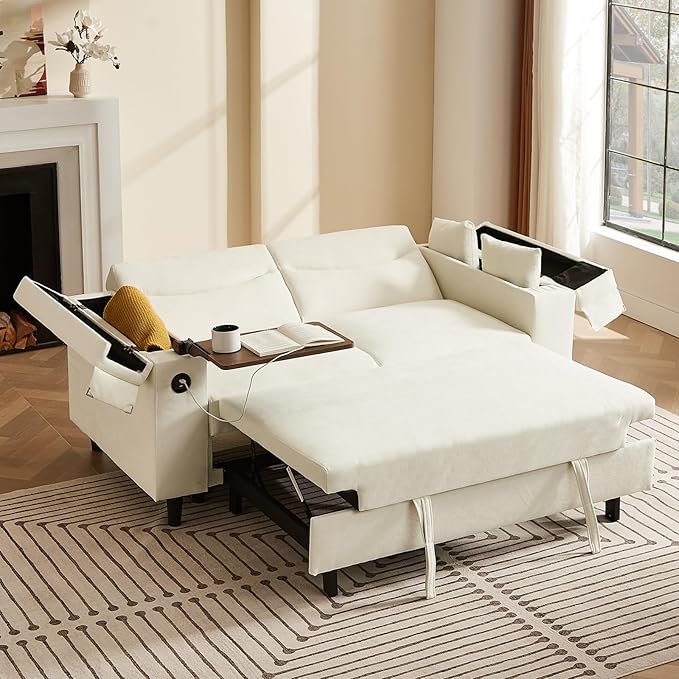 66" Pullout Couch Sleeper Sofa with Hidden Side Table, Storage Armrests & USB Charging – Convertible Sofa Bed with Spring Mattress & Wood Frame, Great for Small Spaces (ZY-2027-White)