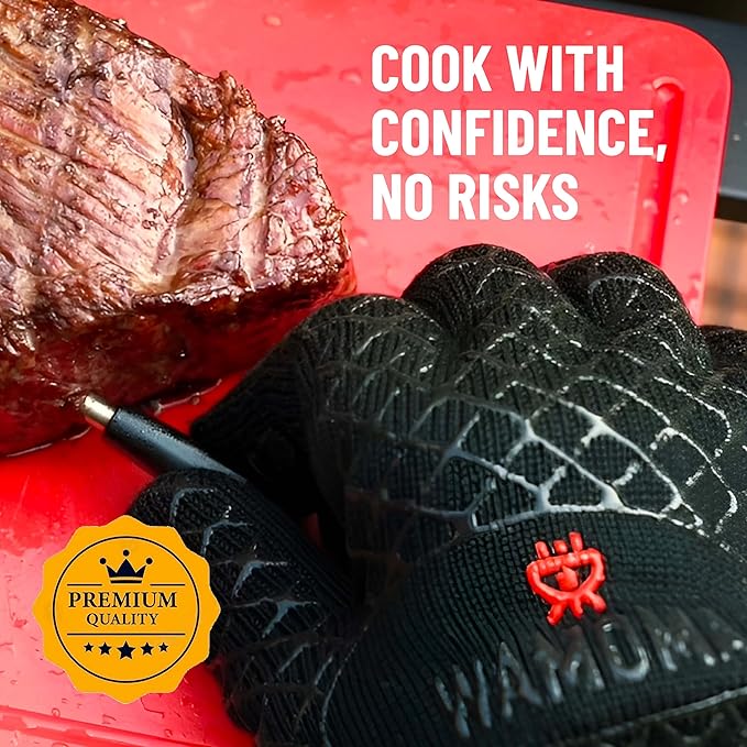 Long Heat Resistant BBQ Gloves - 1472°F Heat Proof Internal Cotton Lining, Non-Slip Silicone Grilling Gloves for Meat Handling, Barbeque, Cooking, XL Oven Gloves with Long Sleeve