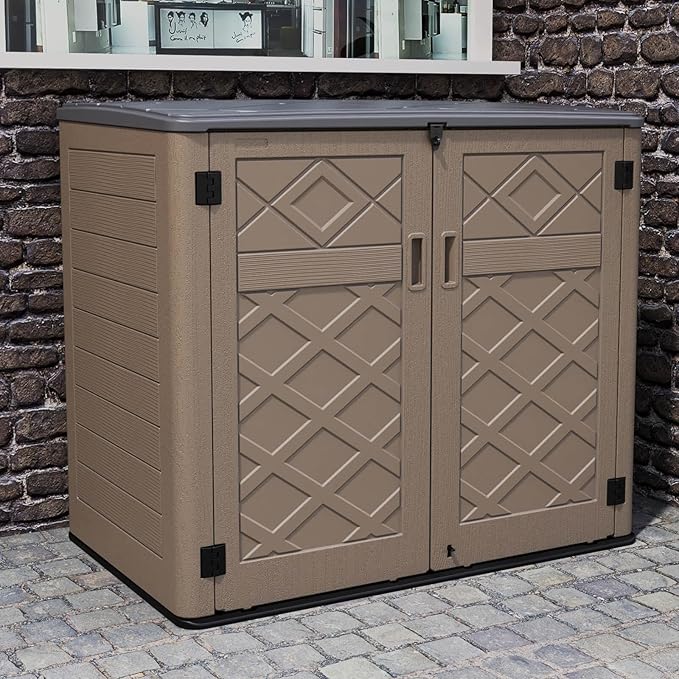 HOMSPARK Storage Shed Weather Resistance, Multi-Purpose Outdoor Storage Cabinet Waterproof, Outdoor Storage Cabinet for Bike, Garbage Cans, Lawnmower, Garden Accessories (coffee, Extra Large-48 cu ft)