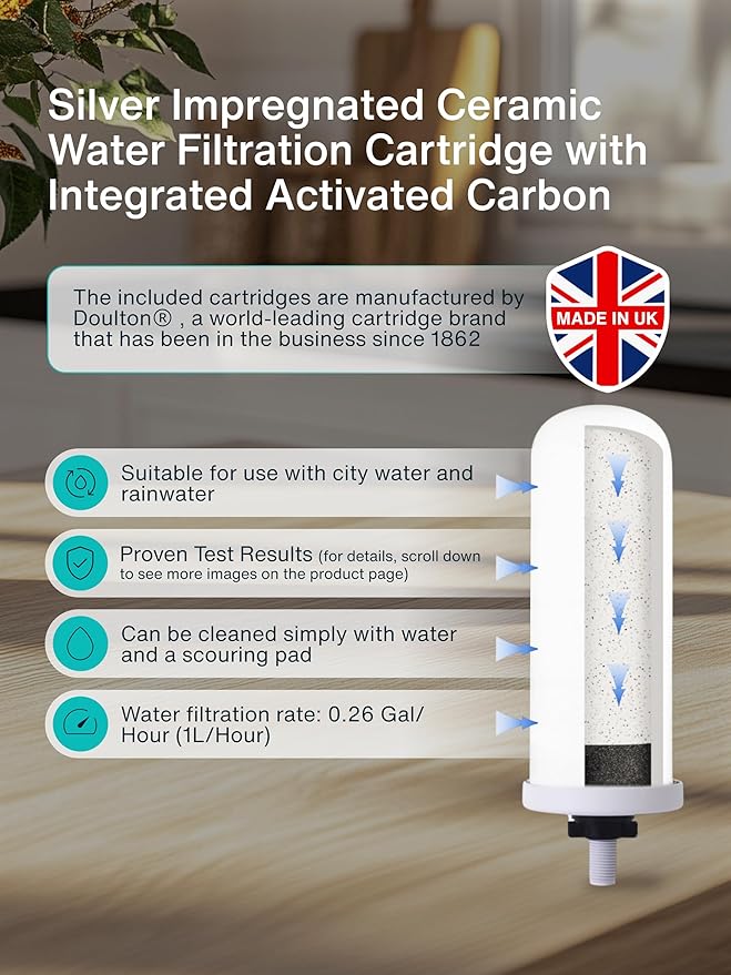 Countertop Gravity Water Filter System - 3.17 Gal/12L | 304 Stainless Steel | Gravity-Fed Water Purifier with 2 Fluoride & Chlorine Reduction Ceramic Cartridges | Also Removes Bacteria & Heavy Metals