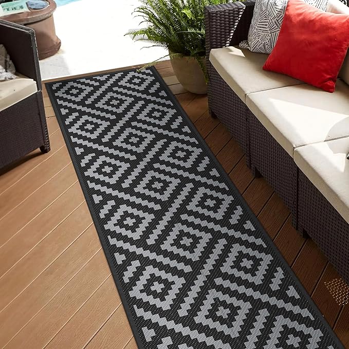 GENIMO Outdoor Rugs 2.5x8 Waterproof, Reversible Mats, Outdoor Area Rug, Plastic Outside Carpet, Eeometric Rv Mat for Patio Camping Rv Picnic Backyard Deck Balcony Porch Beach (Black & Grey)