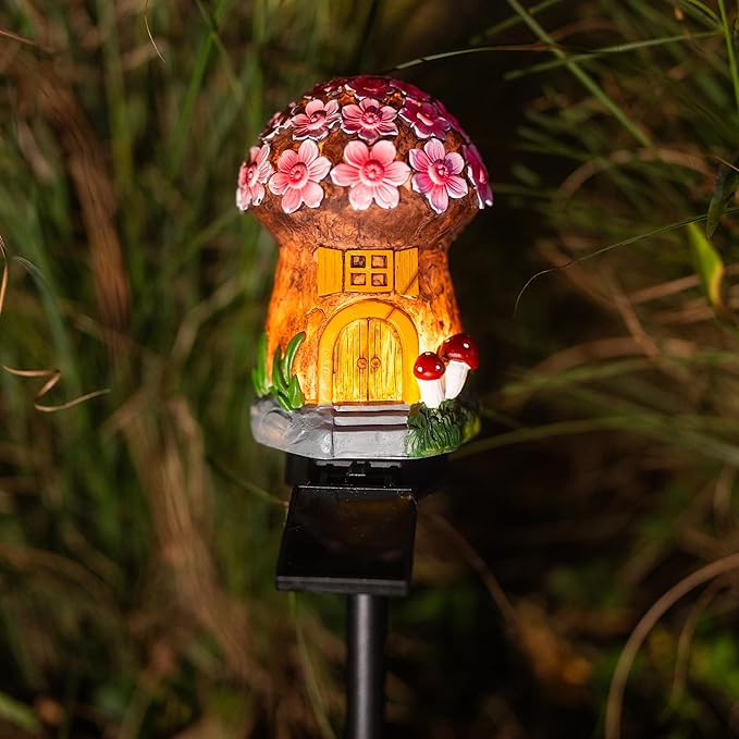 Dazzle Bright Solar Mushroom Lights Fairy Garden Lights for Home Decor Outdoor Decorative Stakes Mushroom House Solar Powered LED Landscape Lighting for Lawn, Walkway, Patio, Yard