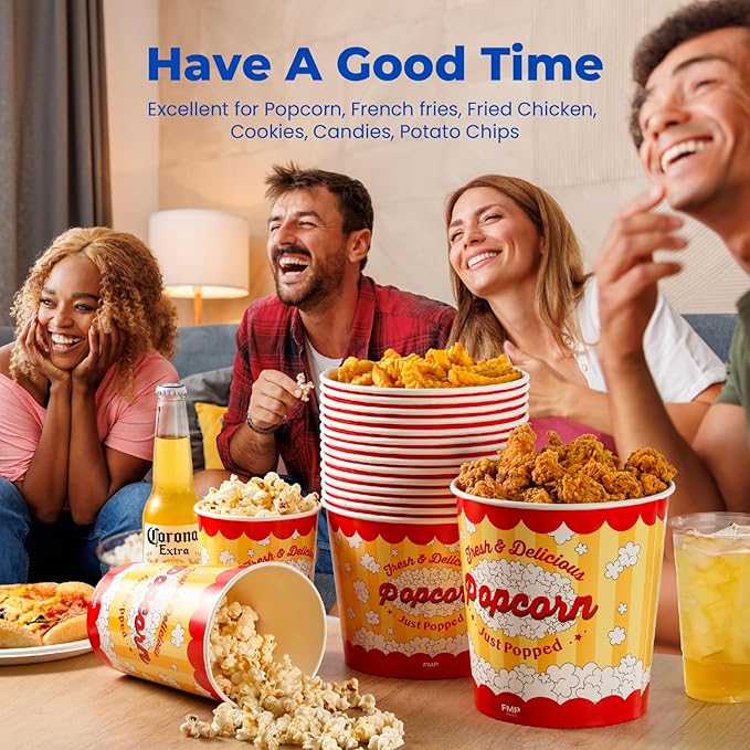 Fit Meal Prep 25 Pack Classic Paper Popcorn Buckets Disposable, 32 Oz Grease Resistant Popcorn Bowls Cups for Machine Home Theater Carnival Movie Night