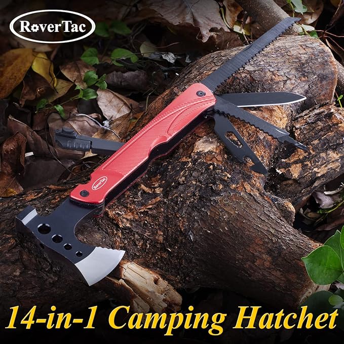 RoverTac Camping Hatchet Multitool Axe Survival Gear, 14-in-1 Multi Tool Axe Hammer Knife Saw Bottle Opener Fire Starter Whistle, Gifts for Men Dad Him, Perfect for Camping Survival Hiking Fishing