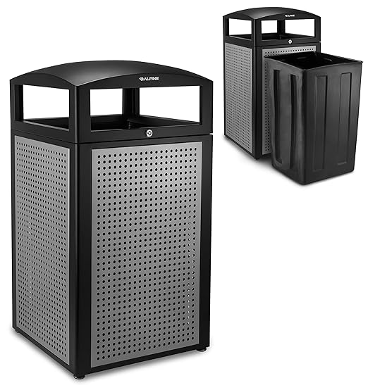 Alpine Outdoor Commercial Trash Can with Lid - 40 Gallon Heavy Duty Metal Garbage Can with Removable Bin, Locking Lid for a Modern Look in Parks, Malls, Parkings & High Traffic Areas (Black & Grey)