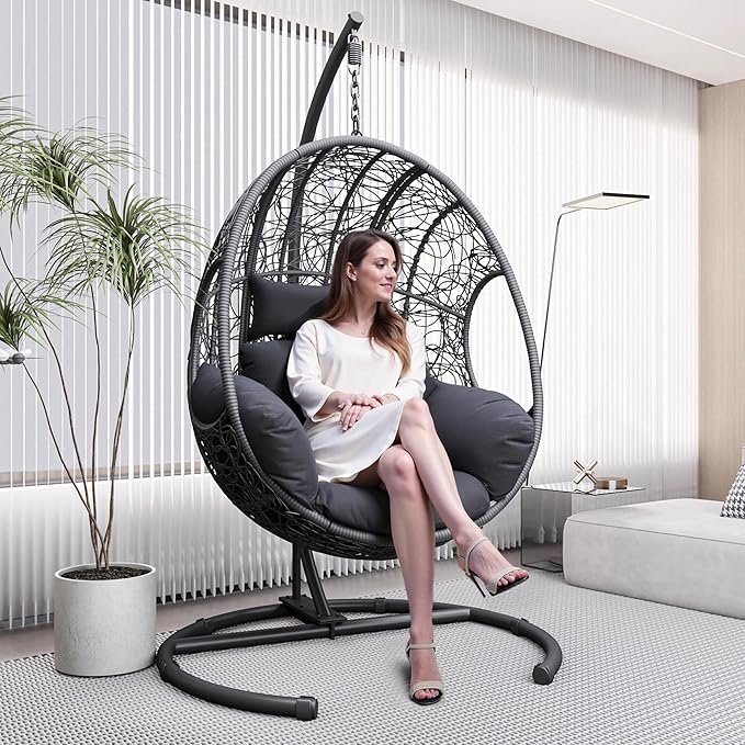 Hanging Egg Chair with Stand - Egg Swing Chair Outdoor Indoor Patio Wicker Chair Swing Hammock Egg Chairs 400lbs Capacity for Outside Patio, Bedroom, Garden and Balcony (Grey-Nest, 1PC)