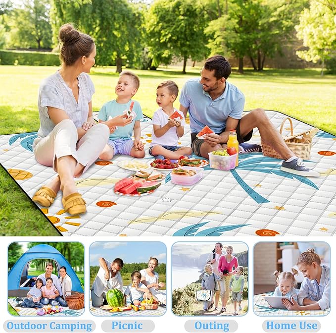 Extra Large Picnic Blanket Waterproof,80"x 80"Foldable Machine Washable Beach Blanket,Outdoor Blanket for 6-8 Adults,Suitable for Indoor Crawling,Park Beach,Camping,Hiking,Family Travel(Island)