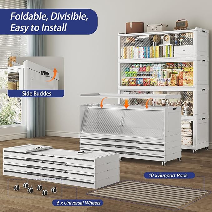 150GAL Extra Large Stackable Storage Bins with Lid, 600QT Plastic Closet Organizer and Storage Cabinet with Wheels and Doors, Folding Storage Box Container for Home Organization, 3Pack White