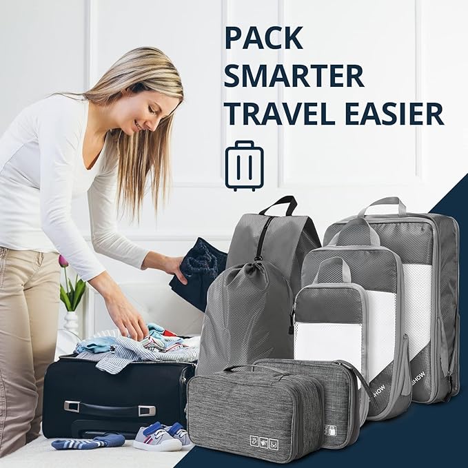 7 Set Compression Packing Cubes for Travel - Compressible, Lightweight, and Space-Saving Packing Cubes, Travel Essentials for Women, Grey