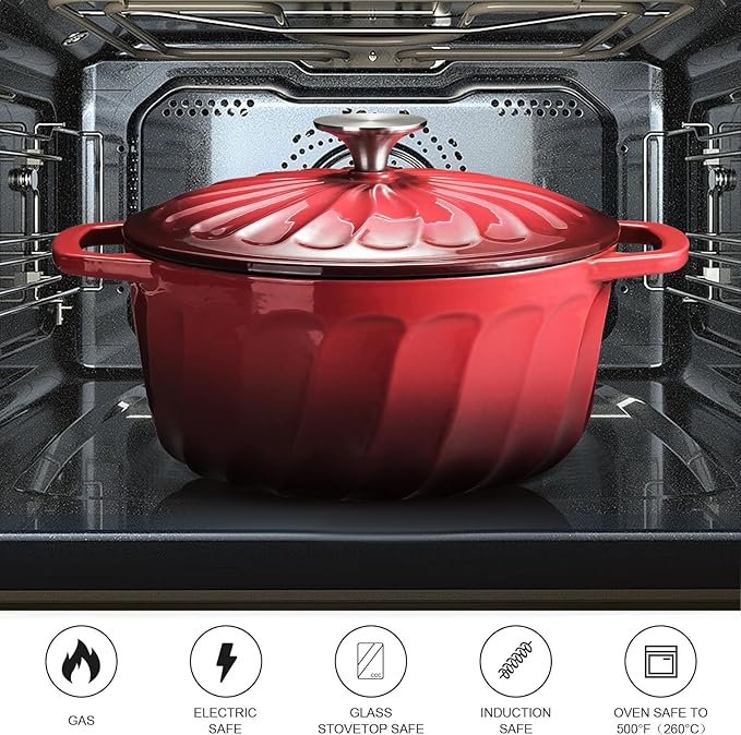 Enameled Cast Iron Dutch Oven with Lid, 6 QT Dutch Oven Pot for Bread Baking, Heavy Duty Cast Iron Pot for Braising, Cook, Bake, Oven Safe across All Cooktops (Red,6 QT)