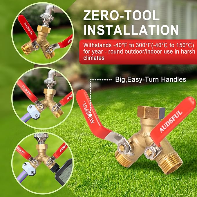 Brass Garden Hose Splitter 2/3/4 Way，Water Hose Splitter with Shutoff，Heavy Duty Outdoor Faucet and Garden Connector，Extension Handles，3/4” GHT Threads