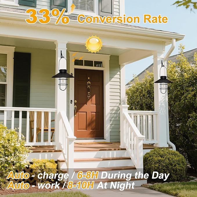 pearlstar Solar Lantern Outdoor Hanging Light- Waterproof Vintage Metal Solar Lantern Light with Warm White Edison Bulb Decorative for Patio, Backyard, Porch, Yard