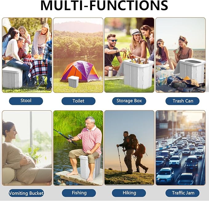 Hapoon XL Portable Folding Toilet with Lid - Travel Portable Potty for Adults, 12 Toilet Bags, 12 Pack Liquid Waste Gel