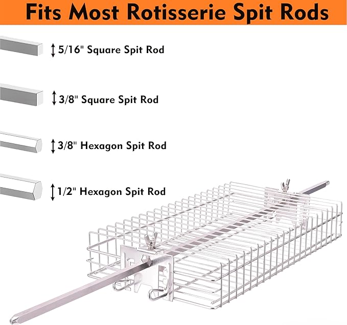 Stainless Steel Flat Rotisserie Grill Basket Standard Size, Fits 1/2" or 3/8" Hexagon, 3/8" or 5/16" Square Spit Rod, If 3/4" Square Spit Rod MUST Use Together With DEWOSEN Rotisserie Forks