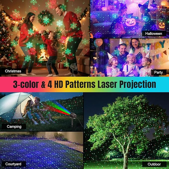 2-IN-1 HD Christmas Laser Lights Projector Outdoor, 4 Slide Moving RGB Firefly Lights with RF Remote, Christmas Decorations Firefly Laser Light Up to 3200 Sq.Ft for Halloween Yard Garden Holiday Party