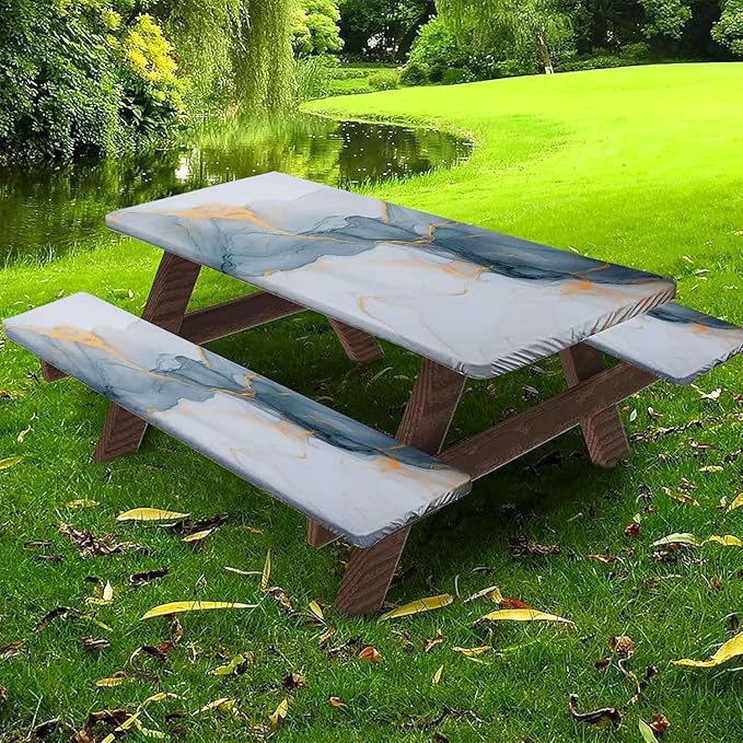 CAPSCEOLL Picnic Table Cover with Bench Covers Waterproof Camping Tablecloth All-Weather Outdoor Table Protector with Drawstring Bag for Camping Essentials, 72X30in, Grey White