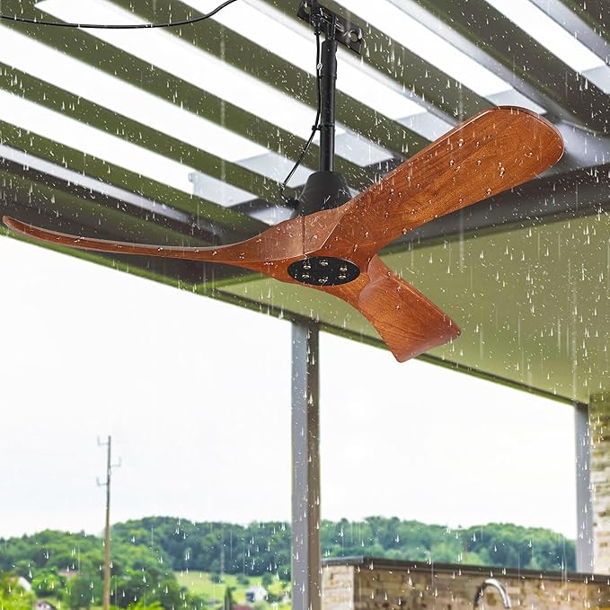 3 Blades Wood Outdoor Ceiling Fan for Patios, Farmhouse Rustic Ceiling Fans, 42" Plug-in Wet Rated Outdoor Gazebo Fan for Exterior House Porch Patio, Waterproof,F246