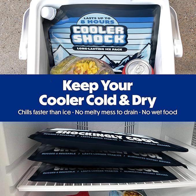 Cooler Shock Reusable Ice Packs for Cooler - Long Lasting Cold Freezer Packs for Coolers and Lunch Boxes - Cooler Ice Packs for Camping Gear, Fishing, Road Trips, Beach Must Haves