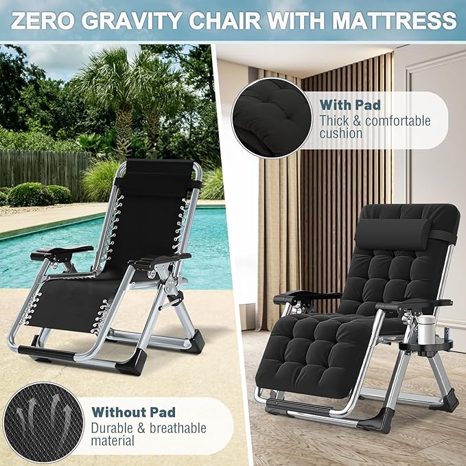 ABORON Zero Gravity Chair,Premium Outdoor Lawn Folding Lounge Chairs,Sturdy Adjustable Reclining Patio Chairs with Removable Cushion,Headrest & Tray