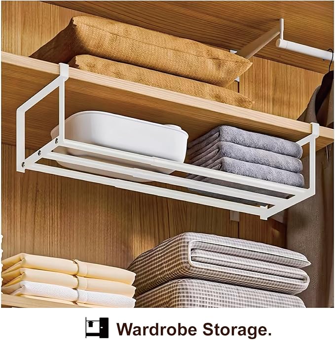 Expandable Shoe Rack Organizer - Adjustable Shoe Rack & Under Cabinet Shelf - for Shoe or Clothing Storage and Organization, Under Shelf Storage (White,1 Pcs)