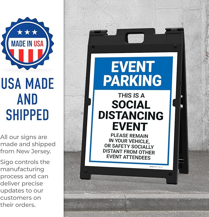 Event Parking Social Distancing Event Please Remain in Vehicle Sidewalk Sign Kit, 18x24 Inches, with A Frame Stand, Made in USA