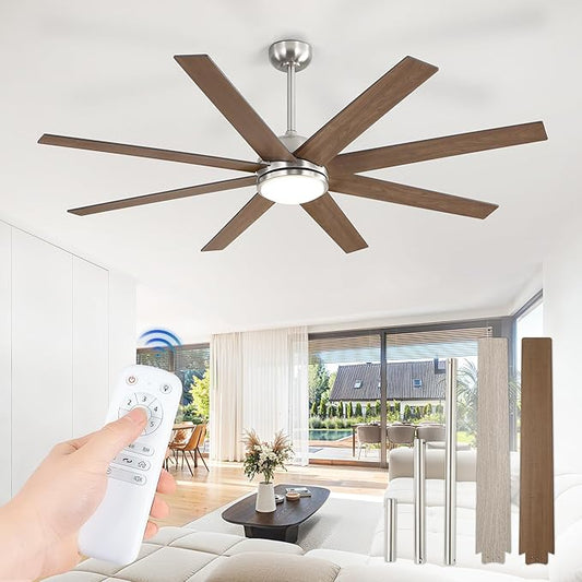 65 Inch Ceiling Fans with Lights and Remote, Brush Nickel Indoor/Outdoor Ceiling Fan with Quiet Reversible DC Motor, 6 Speeds, 3CCT, 8 Blades Large Ceiling Fan for Living Room Bedroom Patio
