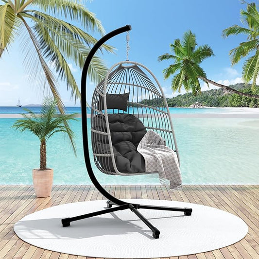 Foldable Hanging Egg Chair with Stand, HDPE Rattan and Heavy Duty Aluminum-Steel Frame, Outdoor Patio Wicker Swing Egg Chair with Headrest and Cushioned, 350 Lbs Capacity (Dark Grey)