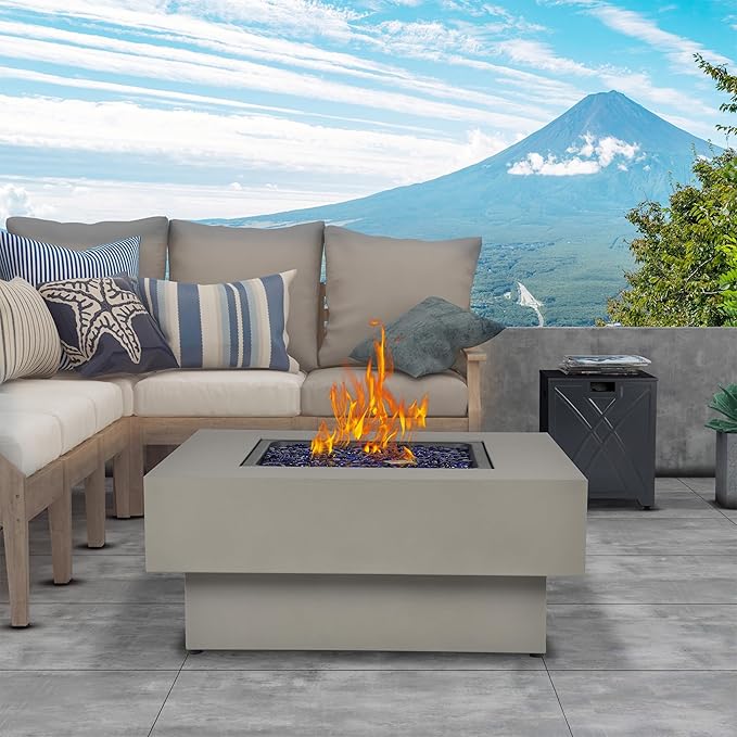 32.5-inch Outdoor Gas Fire Pit with 20lb Propane Tank Cover Table, 50,000BTU Propane Gas Fire Pits for Outside Patio w/Square Burner Lid, Glass Rocks, Pre-Attached 10ft External Gas Hose