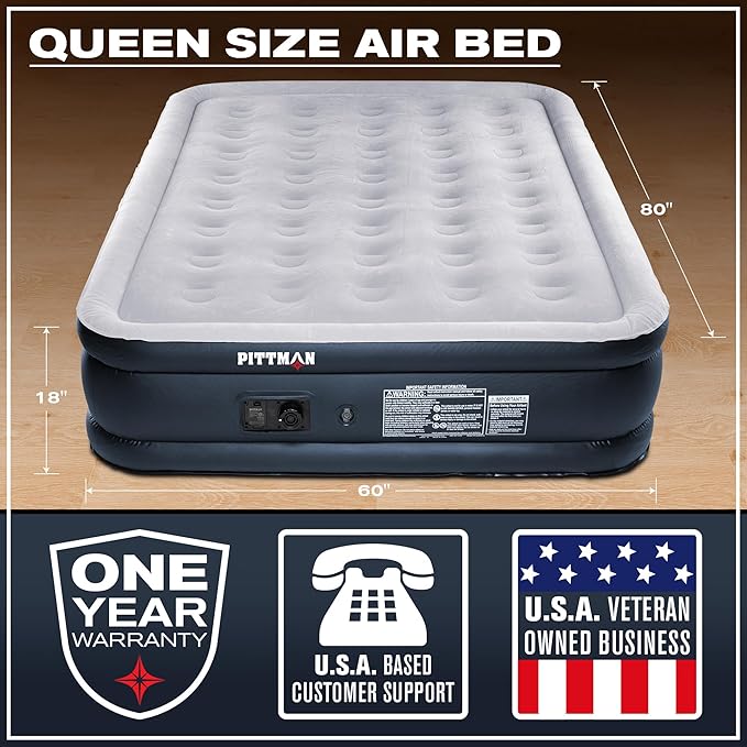 Pittman 18" Queen Air Mattress with Built in Pump - Comfort Series Queen Blow Up Mattress, Inflates & Deflates Fast, Easily Folds Away - Treat Your Guests to a Plush Luxury Air Bed
