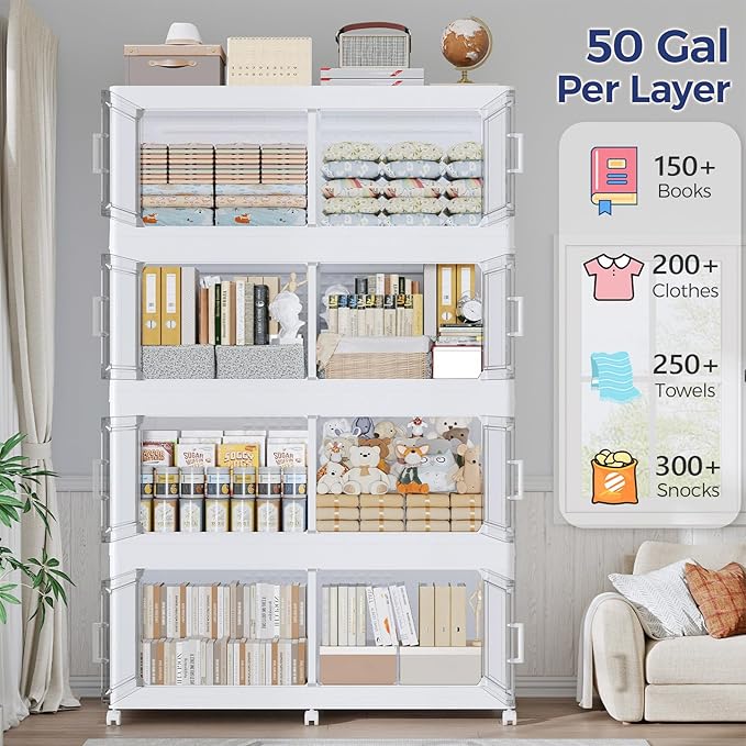 200GAL Extra Large Storage Bins with Lid, 800Qt Stackable Closet Organizers and Drawers, Collapsible Storage Bins with Wheels, Folding Storages Cabinet for Home Bedroom Office, 4Pack White