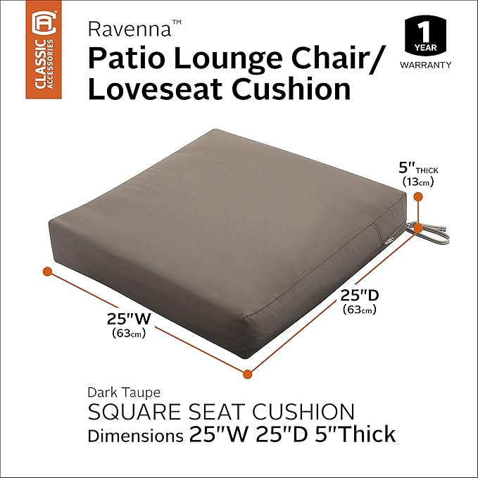 Classic Accessories Ravenna Water-Resistant 25 x 25 x 5 Inch Square Patio Seat Cushion Slip Cover & Foam, Dark Taupe, Lounge Chair Cushion