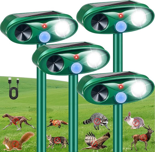 2025 Upgraded Solar Animal Repellent Outdoor Cat Deterrent Deer Repellent Devices with Motion Sensor & Flashing Light,Ultrasonic Control for Squirrel Raccoon Dog Rabbit Skunk for Yard Garden,4 Pack