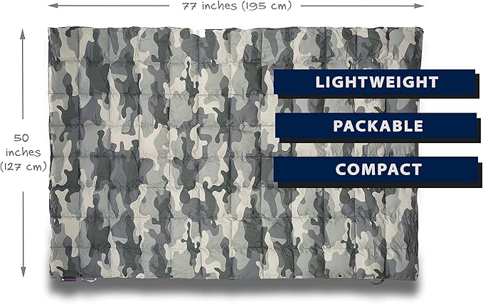Down Camping Blanket - Puffy, Packable, Lightweight and Warm | Ideal for Outdoors, Travel, Stadium, Festivals, Beach, Hammock | 650 Fill Power Water-Resistant Backpacking Quilt