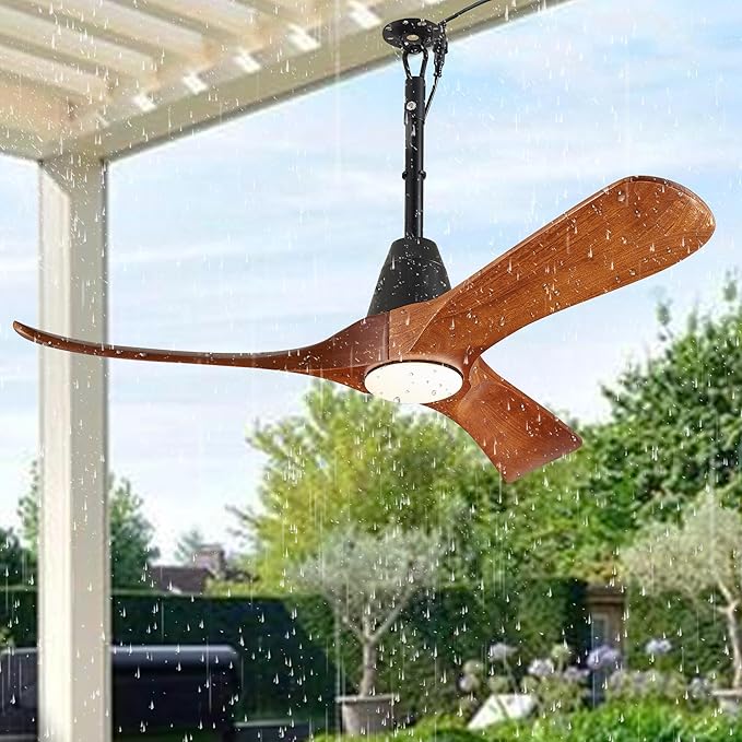 3 Blades Wood Outdoor Ceiling Fan with Light for Patios, Farmhouse Rustic Ceiling Fans with Lights, 42" Plug-in Wet Rated Outdoor Gazebo Fan for Exterior House Porch Patio, Waterproof,F246
