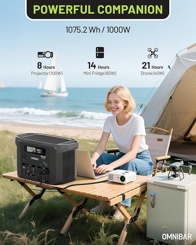 Portable Power Station 1000W (2000W Peak),1075Wh LiFePO4 Battery, 1000W AC/100W USB-C Output, 1.5 Hrs Fast Charge, Solar Generator for Outdoor Camping, Emergency Backup, RVs, Off-Grid Living