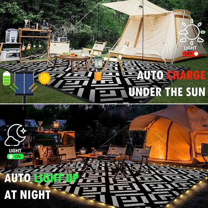 8x10Ft Outdoor Rug, Solar Powered Outdoor Camping Rug with 113LEDs Light Strip, Waterproof Plastic Straw Rug Reversible, Rug Mat for House Deck RV Camping Patio Picnic Beach Balcony (Black White)