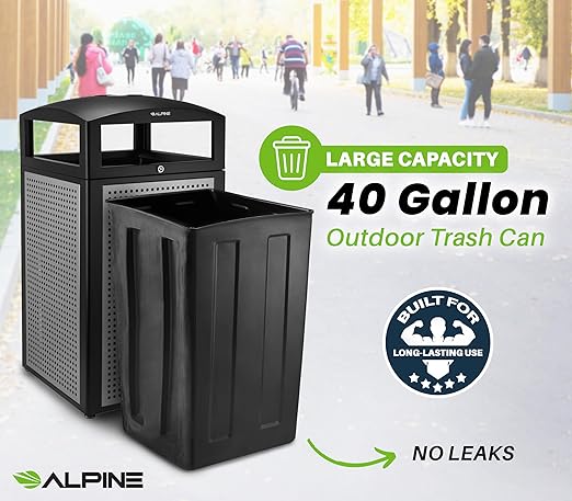 Alpine Outdoor Commercial Trash Can with Lid - 40 Gallon Heavy Duty Metal Garbage Can with Removable Bin, Locking Lid for a Modern Look in Parks, Parkings & High Traffic Areas (Black & Grey with Tray)