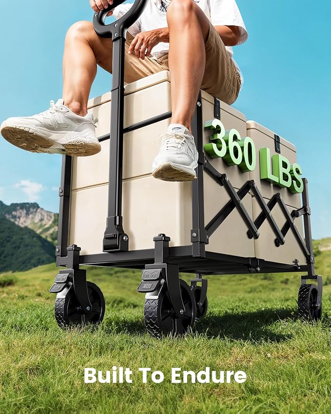 AMADA HOMEFURNISHING Wagon Cart Foldable, Collapsible Wagon Cart with 360 LBS Max Load & Expandable Storage, 90L Foldable Grocery Cart with 2 Cup Holders for Outdoor, Groceries, Garden & Camping
